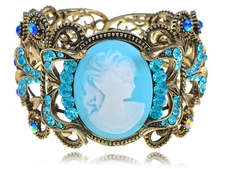 Vintage Crysal Rhinestone Aquamarine Cameo Maiden Cuff  Bracelet Clr