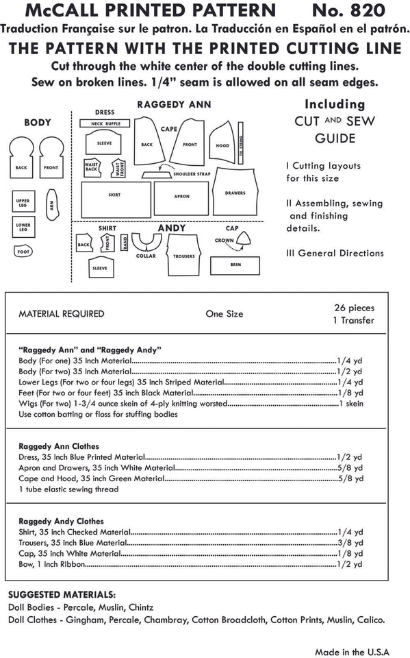 Raggedy Ann & Andy Rag Doll + Clothes Cape Dress Cloth Sewing Pattern McCALL 820 - Image 2 of 2