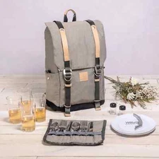 🔥PT Frontier Picnic Time Set Insulated Cooler Backpack 4 persons Gray Leather