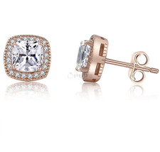 18K White Gold Plated Round Square Silver Cubic Zirconia Bling Stud Earrings