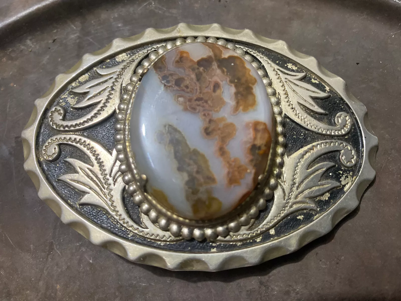 Vintage Sterling Silver SouthWestern Belt Buckle W B Brown White Agate Stone