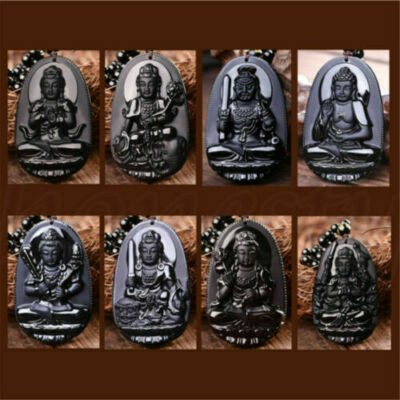 Black Obsidian Bodhisattva Guan yin Lucky Blessing Beads Pendant Necklace Unisex
