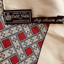 Vintage Italian All Silk Scarf ~ Handcraft Inc. Beige & Dark Red ~ Made in Italy