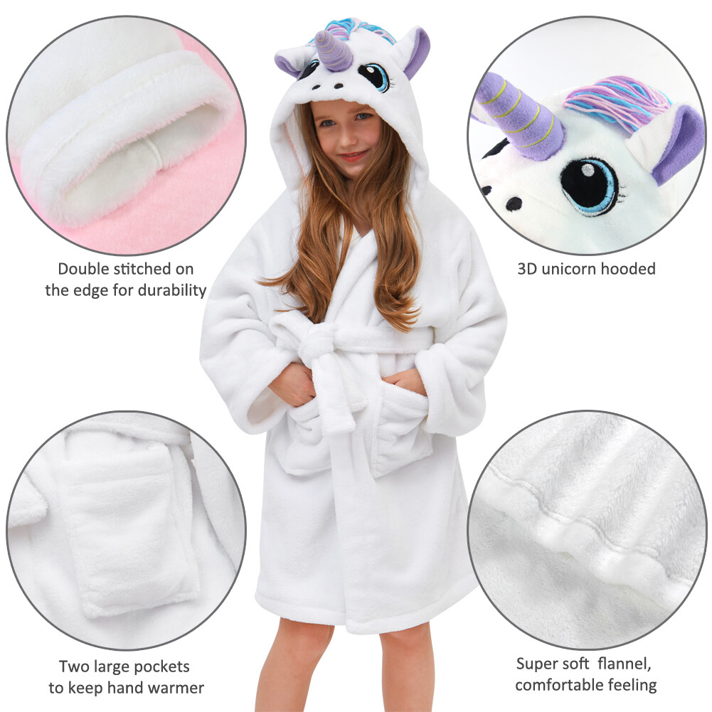 Kids Girls Hooded Bathrobe Animal Unicorn Dressing Gown Fleece Night