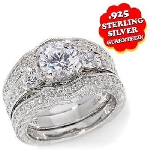 14K Gold Plated Sterling Silver 3 Stone Simulated Diamond Wedding Bridal Set
