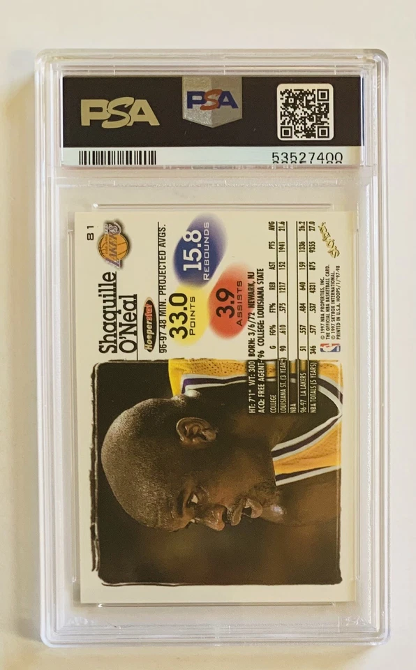 1997-98 NBA HOOPS #81 SHAQUILLE O'NEAL PSA 9 - NBA LA LAKERS BASKETBALL CARD - Image 2 of 2
