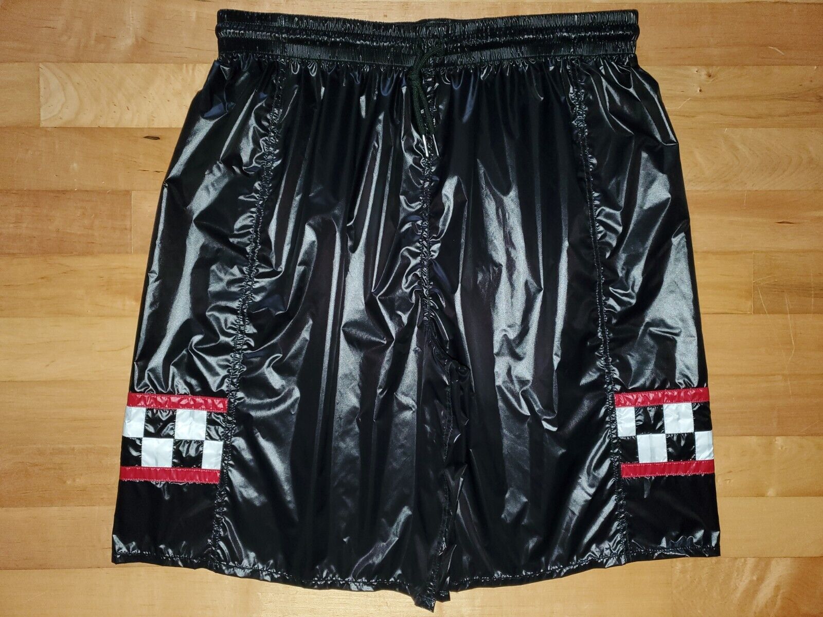 Shiny Nylon Black Wet Look Medium Length Shorts Checker Style - Size S