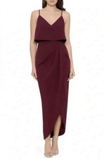 XSCAPE-Scuba Crepe Popover Faux Wrap Midi Dress-Maroon/Size 6