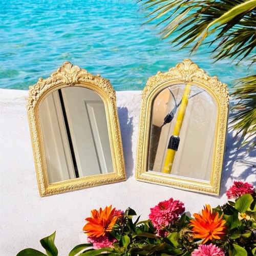 Set 2 Ornate 9.75" Gold Arch Mirrors Hollywood Regency Tabletop Wall Decor MCM