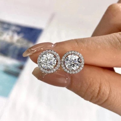 2Ct Round Lab Created Diamond Halo Women's Stud Earrings 14K White Gold Plated