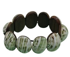 Boho Shell  Wood Beaded Stretch Bracelet Natural Look Handmade Green Brown