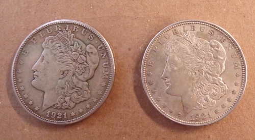 Lot of 2 Morgan Silver Dollars, 1921 & 1921-S Good Condition, 90% Silver