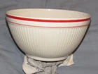 Vintage  Anchor Hocking VWhite ribbed ceramic mixing bowl w red bands. 7 1/2 in