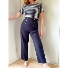 Vintage 90s Sailor Style Jumpsuit Navy White Nautical Wide Leg Size Sm/4
