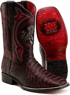 Genuine Leather Exotic Python Print Square Toe Cowboy Western Boots - King Red