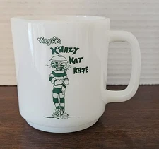 Vintage Virgil's Krazy Kat Kafe Glasbake Mug Cup / Milk Glass RARE Green White