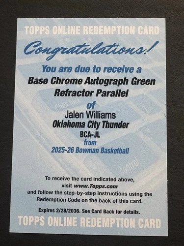2025/26 Bowman Basketball Jalen Williams Green refractor Auto /99 Redemption