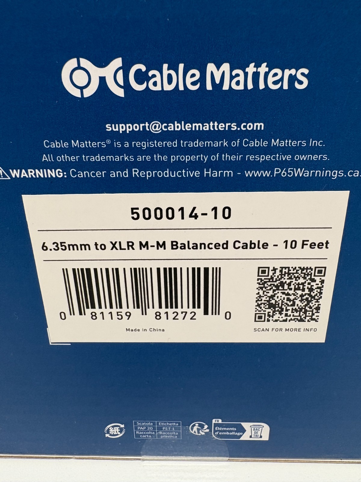 Cable Matters 6.35mm to XLR M-M Balanced Cable-10 foot Factory Sealed Brand NEW