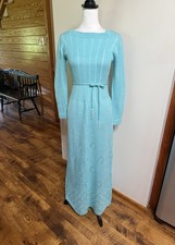 VTG 60s Banff Ltd Gianni Fererri Aqua Knit Maxi Dress Pearl Embellished 8 (S)