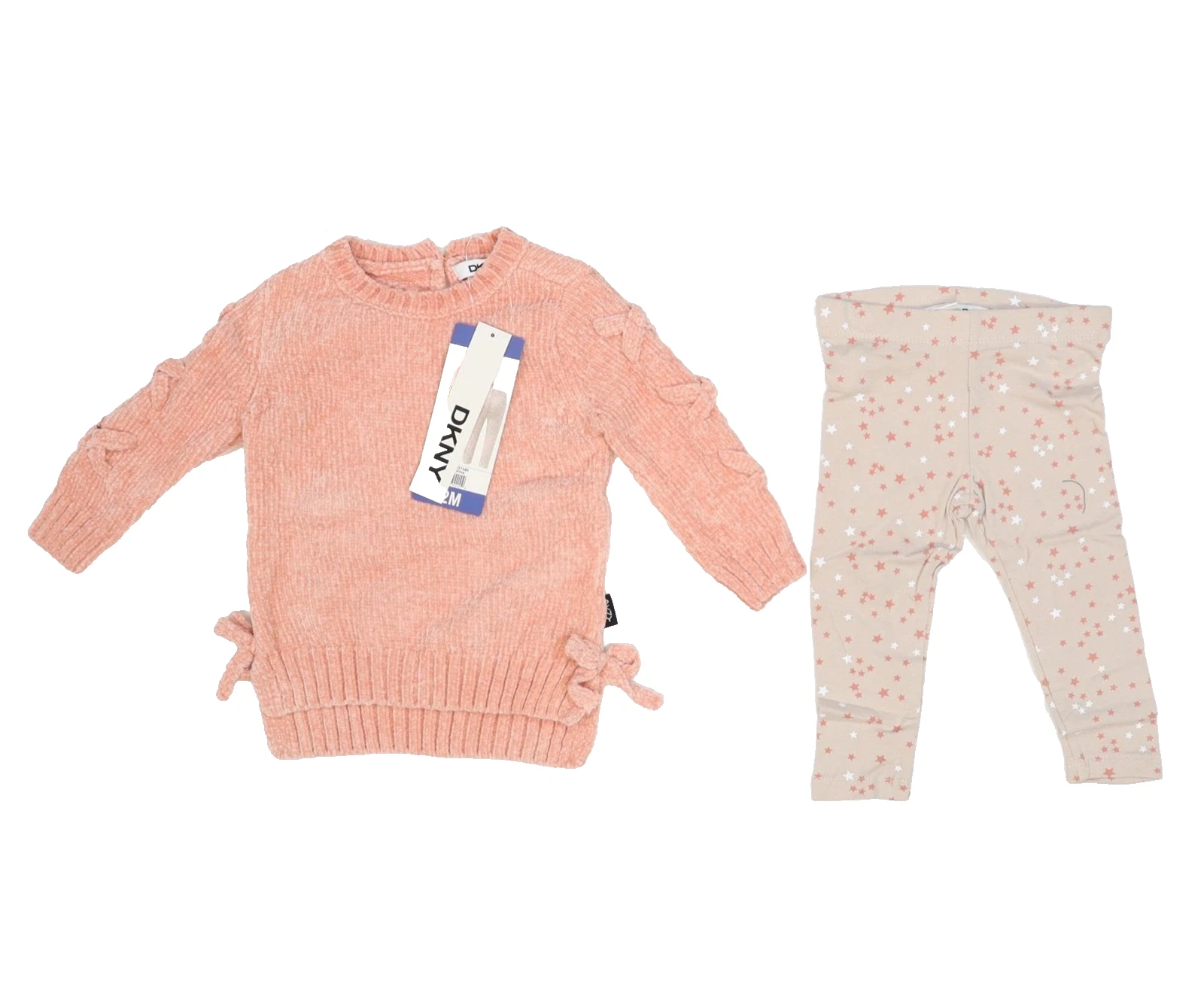 DKNY Baby Girl 2 Piece Set Pink Sweater Top Star Leggings Outfit 12M New Tags