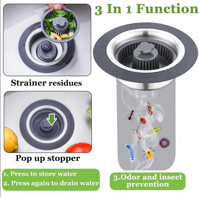 2 Pack Upgraded 3 in 1 Kitchen Sink Drain Strainer and Stopper Combo,Pop Up Sink