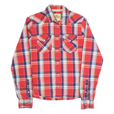CAMISA De Hombre HOLLISTER Ajuste Surfista Cuadros Rojos De Manga Larga S