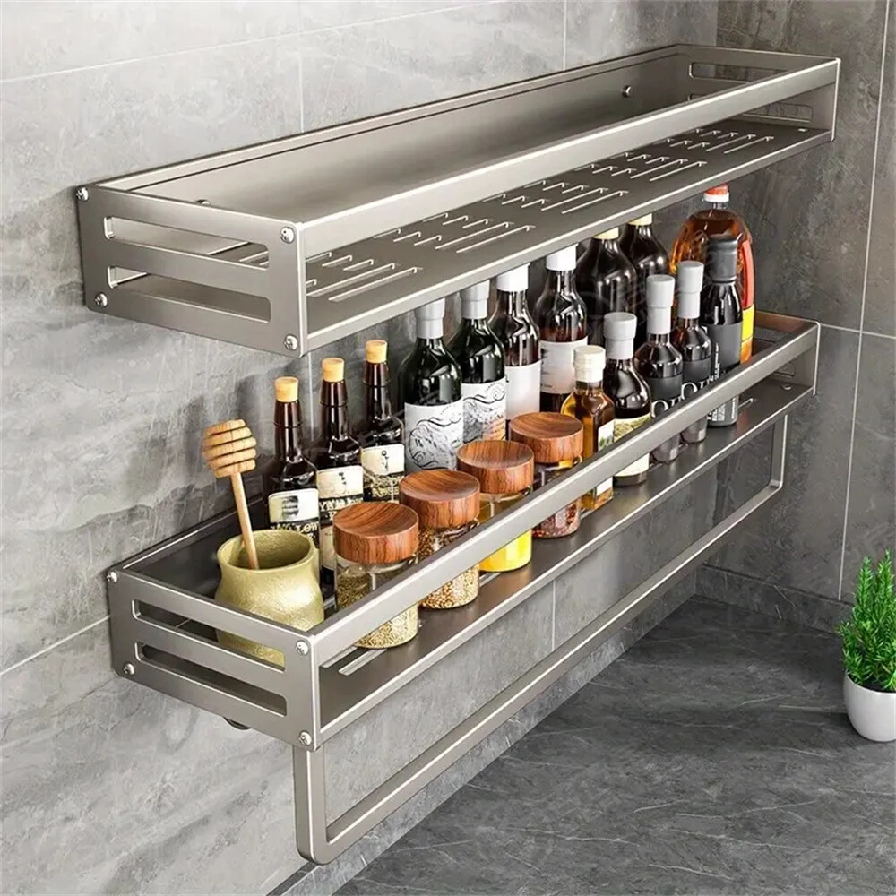 Aluminum Wall-Mounted Spice Rack Shelf Kitchen Tools Hooks Kitchen Storage  Rack