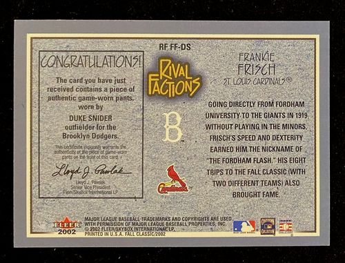 2002 Fleer Fall Classic Frankie Frisch/Duke Snider Game-Worn Pants !!! DODGERS - 第 2/2 張圖片