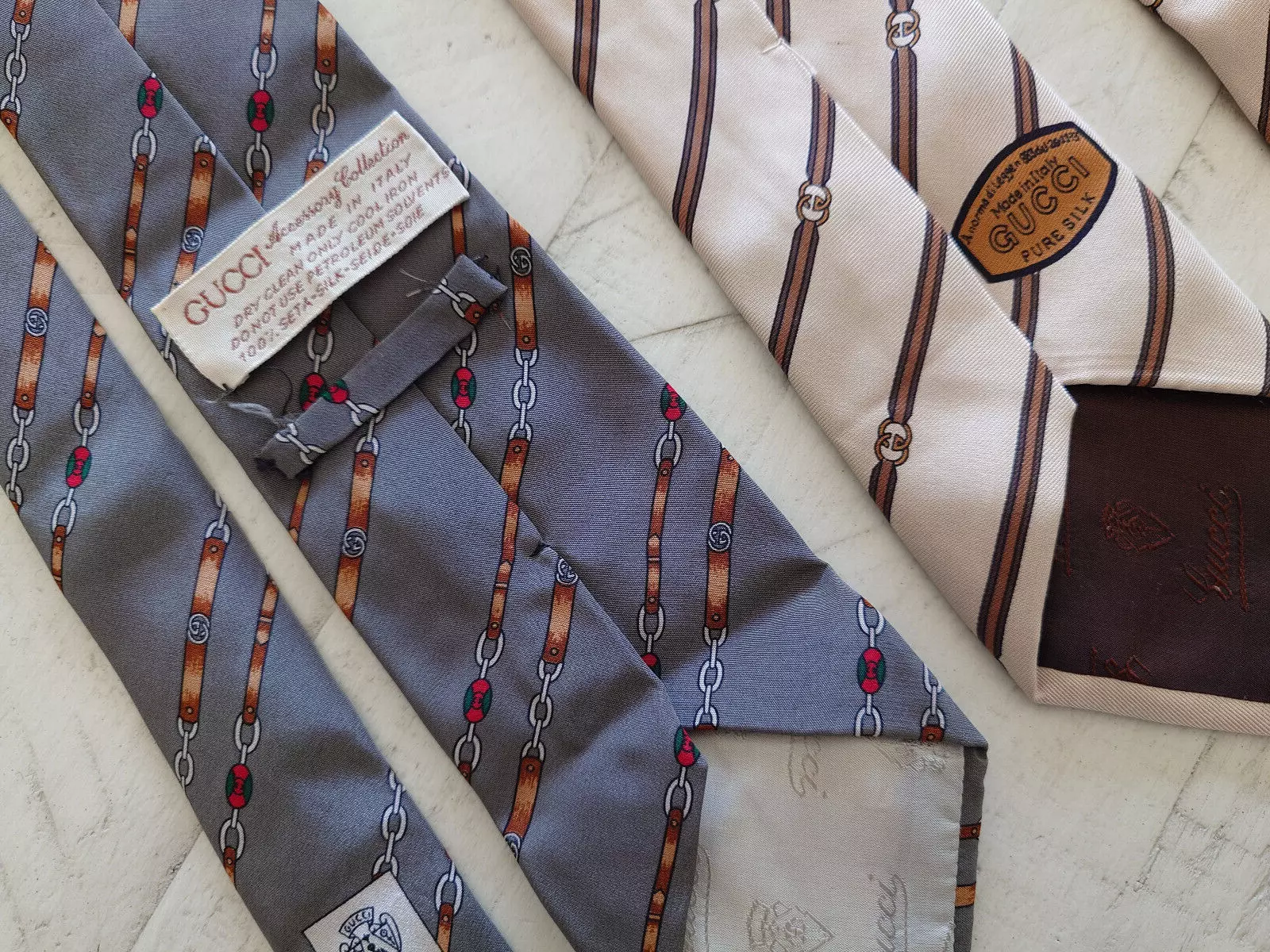 Lot 2x Gucci Homme Vintage 100% Soie Cravate Ceinture Chaîne Design Made in Italy