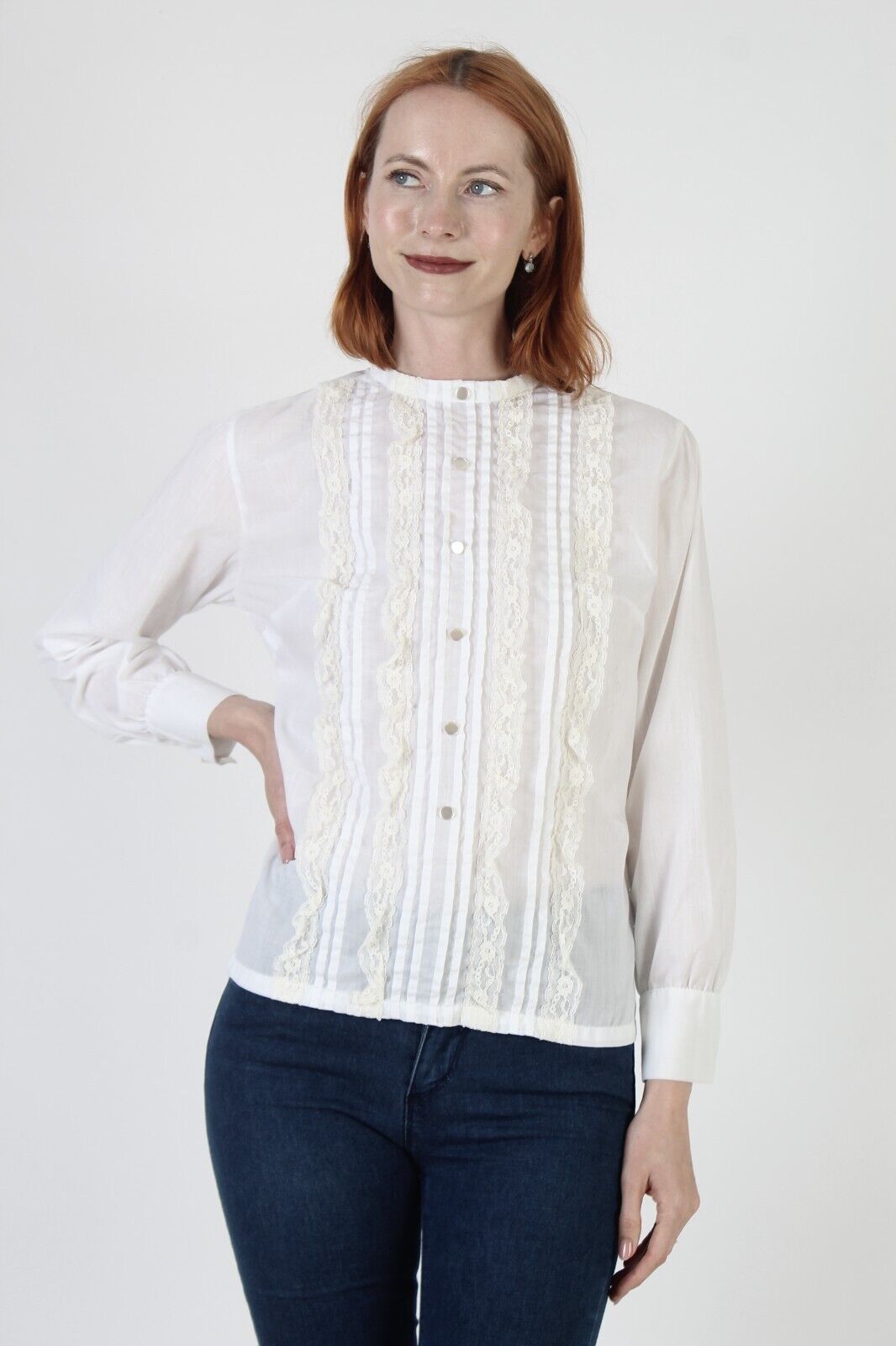 Vtg Off Wht Vertical Pleated Sheer Lace Blouse Vi… - image 2