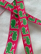 Grosgrain ribbon Green Whales on Pink 5/8" 7/8" palm beach style preppy