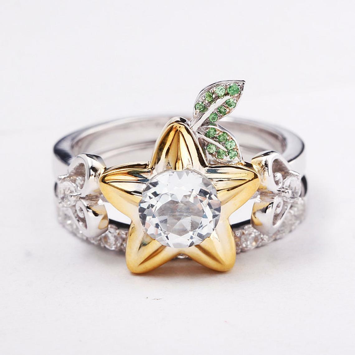 Anillo de boda geek blanco de dos tonos de circonita cúbica corte redondo de 3/2 quilates para mujer en plata 925 maciza