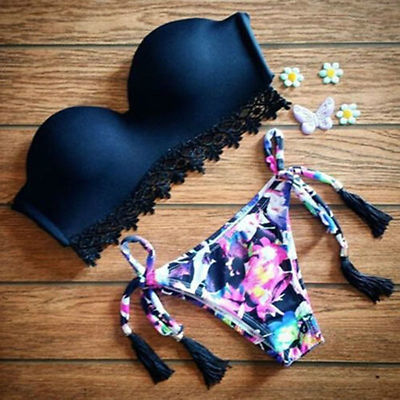 Badeanzug bestickt Spitze Bikini String Lace Slim Swimwear Swimsuit M