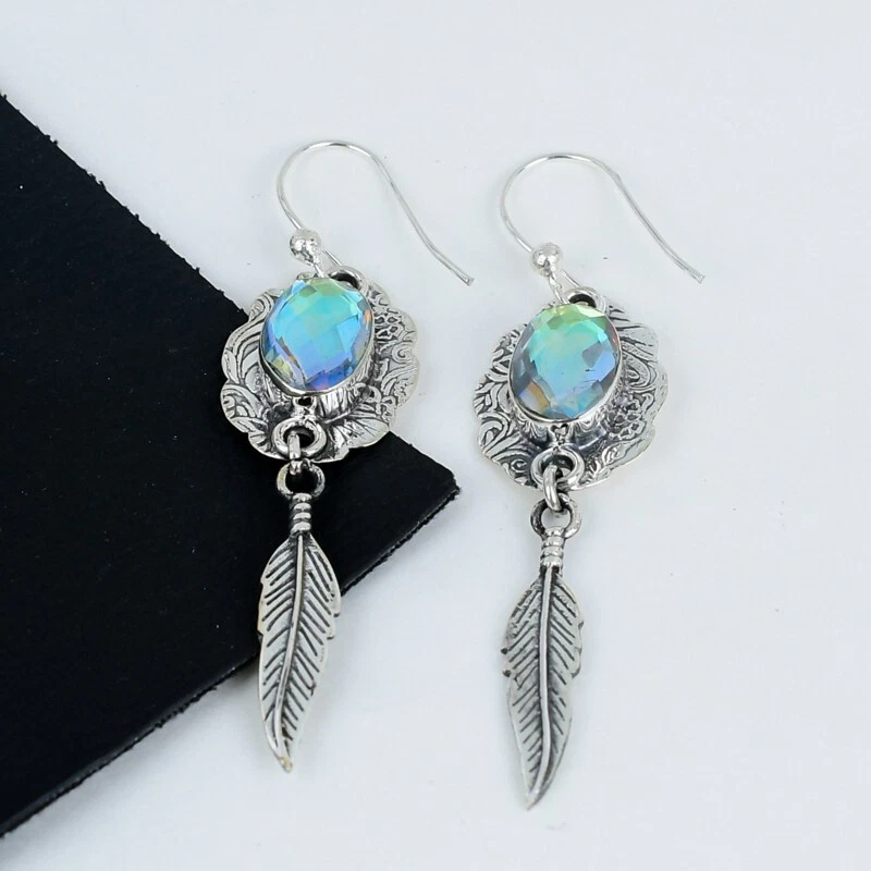 Orecchini In Gemma Mystic Topaz In Argento Sterling 925 Fatti A Mano Per Regali - Immagine 2 di 4