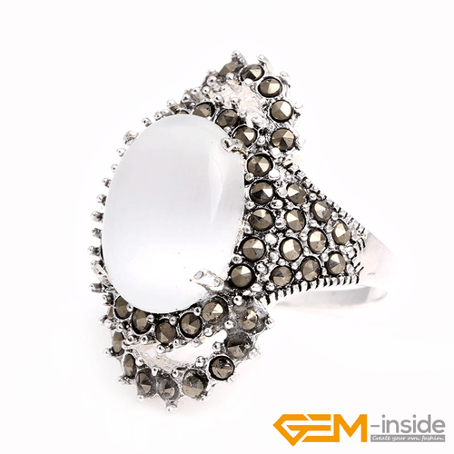 Natural Oval Gemstone Marquis Marcasite Beads Silver Jewelry Ring Size #6#8 Gift - Picture 40 of 55