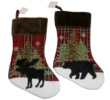 Hobby Lobby Country Moose Bear Woodland Christmas Stocking Set Rustic Plaid NWT