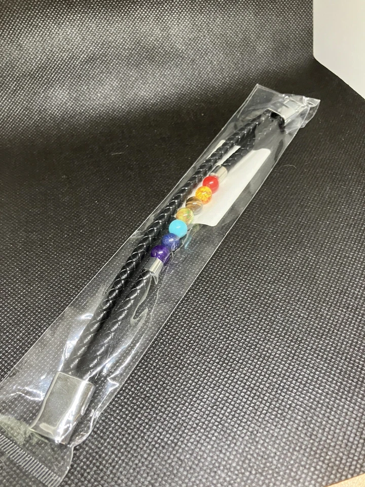 Pulsera de cuentas de piedra de 7 chakras de cuero trenzado cierre magnético estrés curativo #274 Foto 3 de 4