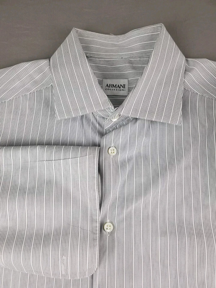Camisa Armani Collezioni Hombre 15.5 Gris Rayas Algodón Abotonado Puño Francés Foto 4 de 4