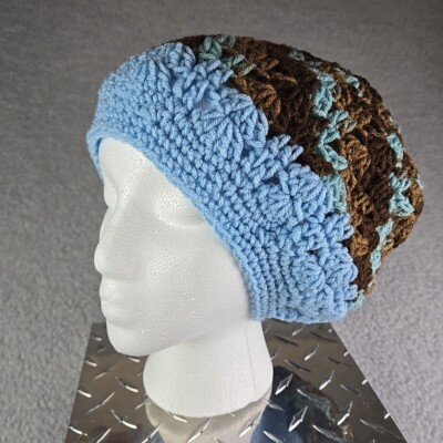 Tams Knitted Beanie Hat OSFM Blue and Brown Handmade