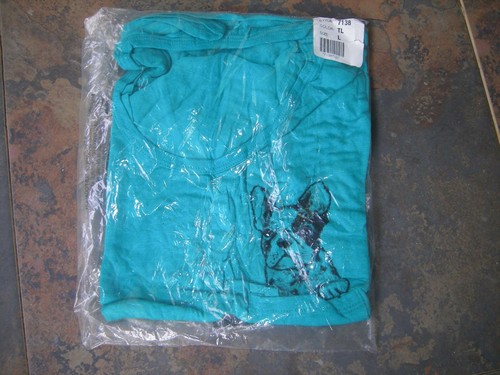 WORKSHOP FRENCH BULLDOG SCOOP NECK TEAL STRETCH SHIRT TOP LARGE/L FITS 34" BUST - Picture 5 of 5