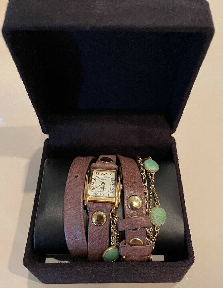 La Mer Leather Wrap Watch with Gems Cherry Brown #6273-Chry-Brwn New in Box