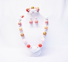 Multicolor Wood Bead Necklace/Bracelet/Earrings Set white, pink, orange, gold 