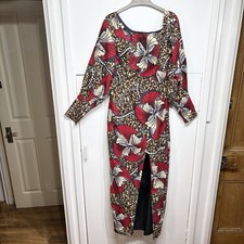 Farm Rio Dress Red African Print Long Sleeve Front Slit Maxi Square Neck Size P
