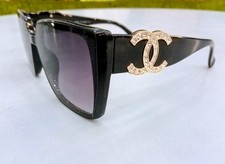 CHANEL Sunglasses Black Frame Gold  Studs Logo