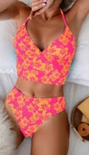 Womens Size Large Floral Halter Tankini Swimsuit Set Tropical Hawaiian Print