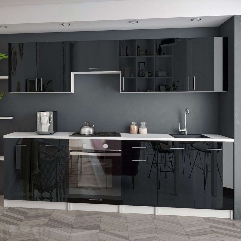 KITCHEN 240cm KITCHEN UNIT KITCHEN BLOCK MODERN Fitted Kitchen Black Gloss