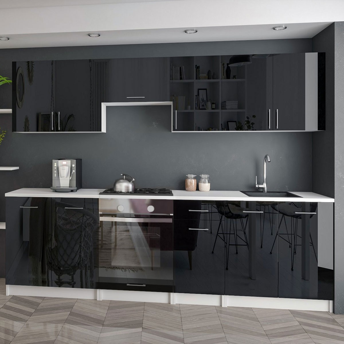 KÜCHE 240cm KÜCHENZEILE KÜCHENBLOCK MODERN Einbauküche schwarz glanz
