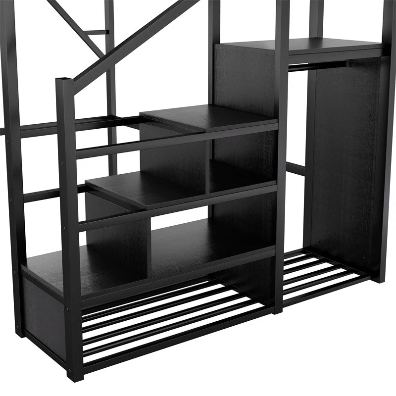 Queen Size Metal High Loft Bed w/Storage Shelves,Storage Stairs & Wardrobe,Black - Image 4 of 4