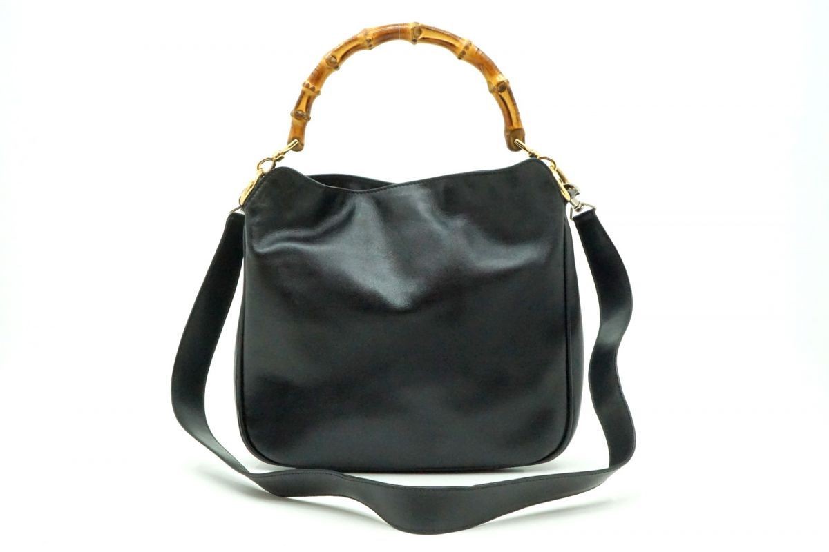 Minimal 2-Way Shoulder Handbag with Bamboo Handle Black Leather - Vintage GUCCI thumbnail 12