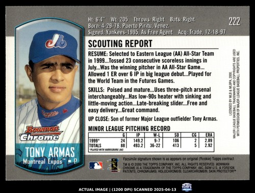 2000 Bowman Chrome #222 TONY ARMAS NM Montreal Expos - Picture 2 of 2